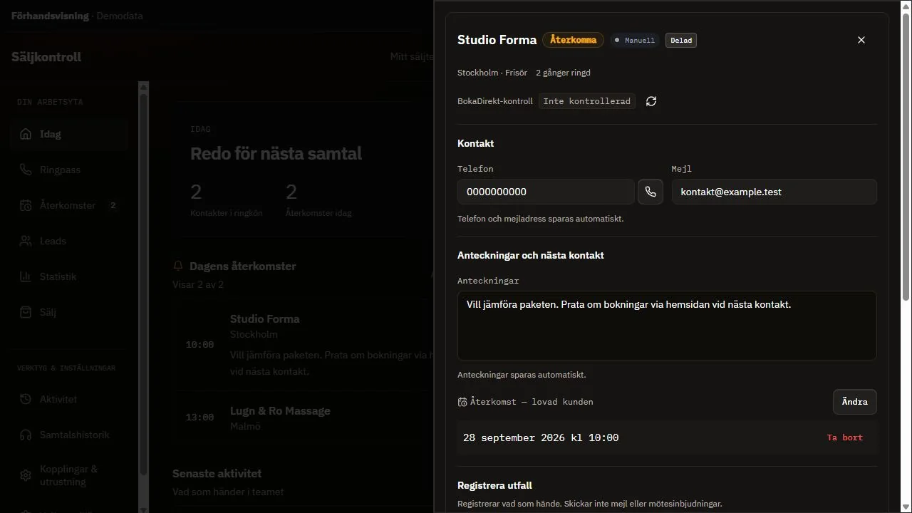 Kundkort i Säljkontroll med demodata: kontakt, anteckningar, återkomst och utfall